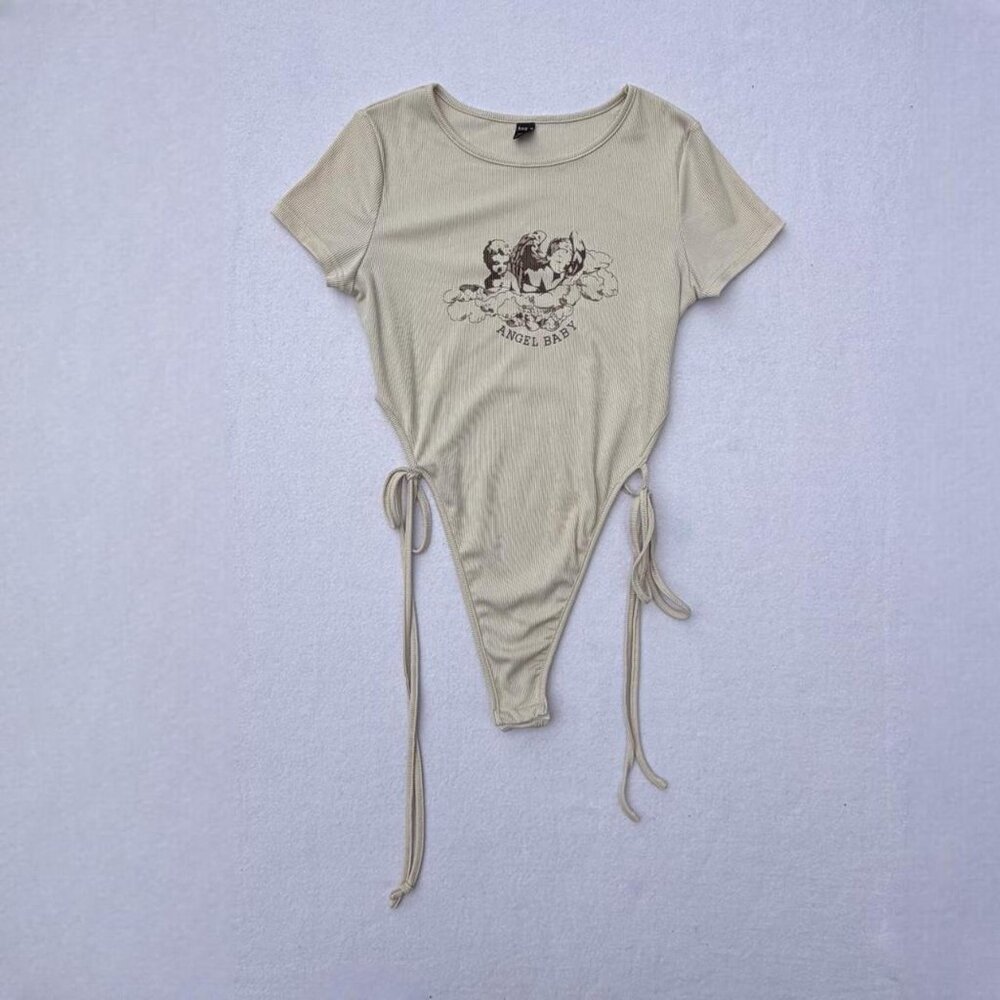 Shein Biege Ribbed Knit Angel Baby Cherub Graphic High Cut Bodysuit Size L